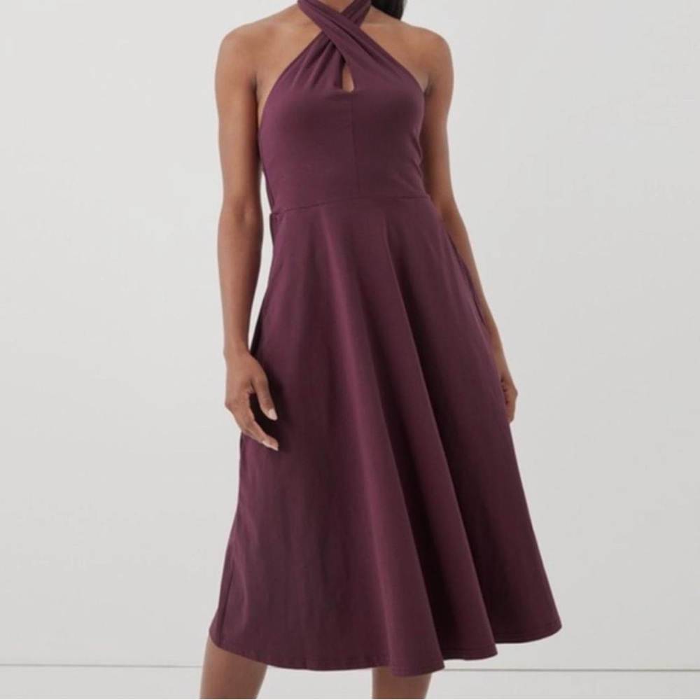 ‼️NWT: Pact Organic Fit & Flare Modern Halter Dress In Plum - XS - Picture 3 of 5